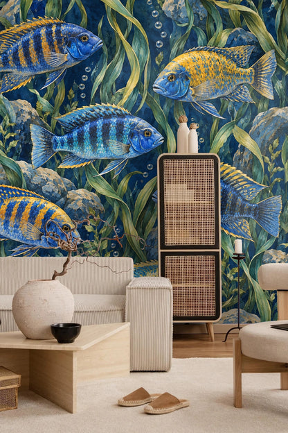 Living room corner styled with boho elements and the aquatic wallpaper in the background.