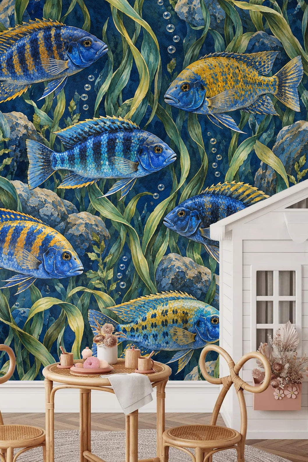 Pattern repeat view showing underwater scene with fish, kelp, and scattered bubbles.