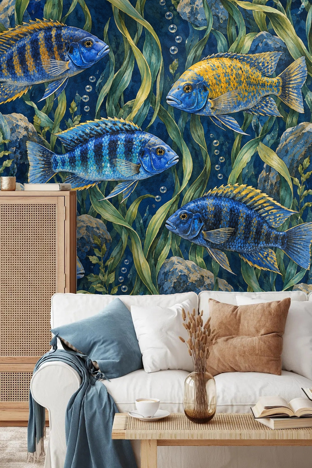 Bedroom scene with rattan bedframe and blue-yellow cichlid wallpaper behind cushions and open book.