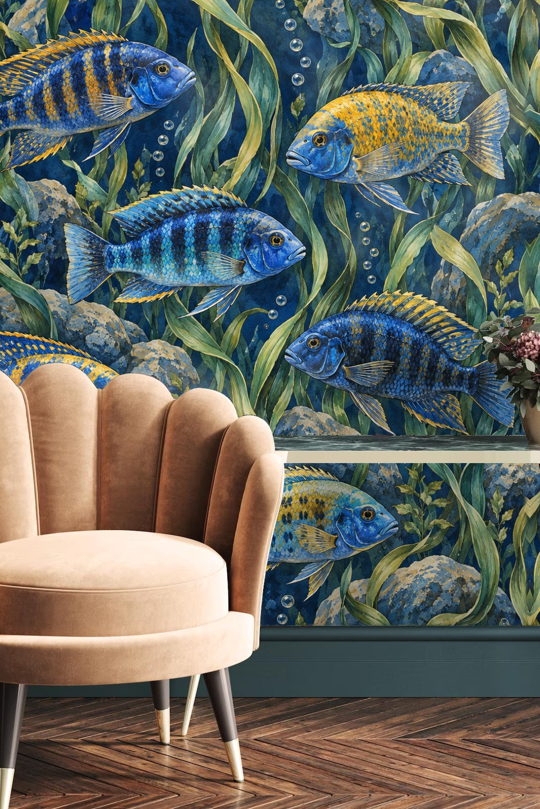 Fragment showcasing fish fins detail with blue and gold speckled pattern.