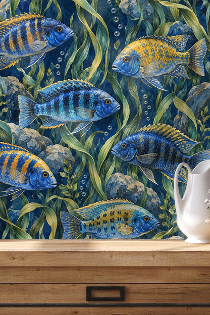 Side angle of the cichlid fish design showing brushstroke textures and layered aquatic plants.