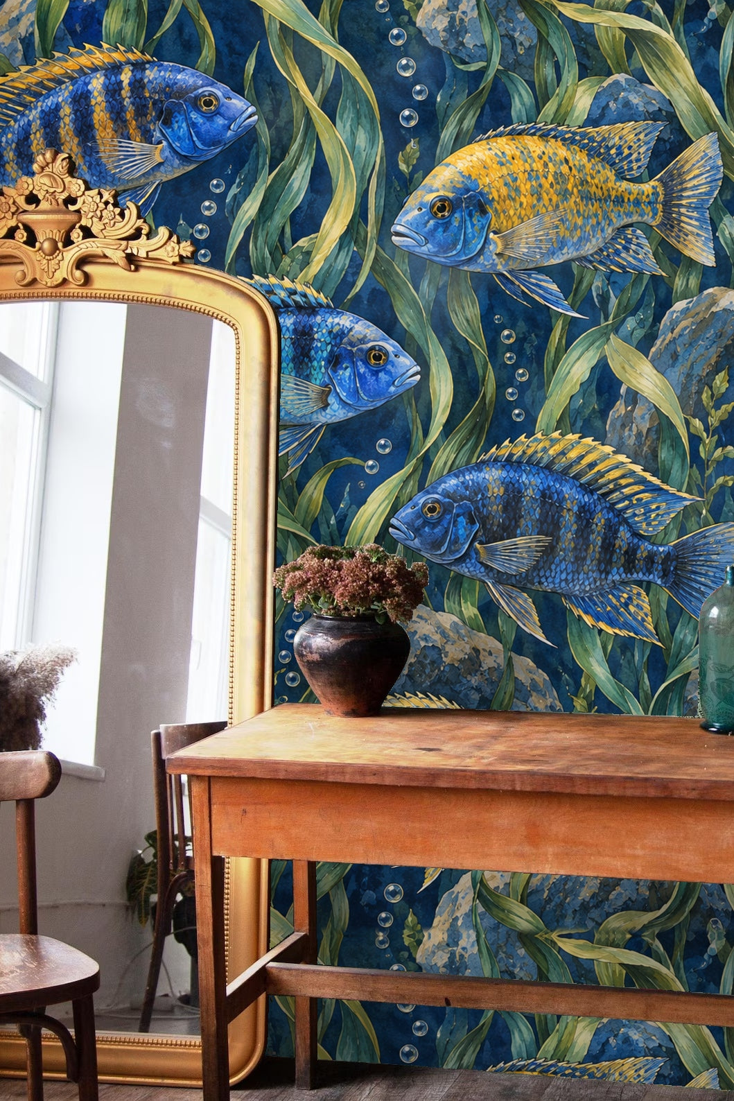 Decorative close-up of wallpaper showing blue and yellow fish with detailed scales and flowing kelp leaves.