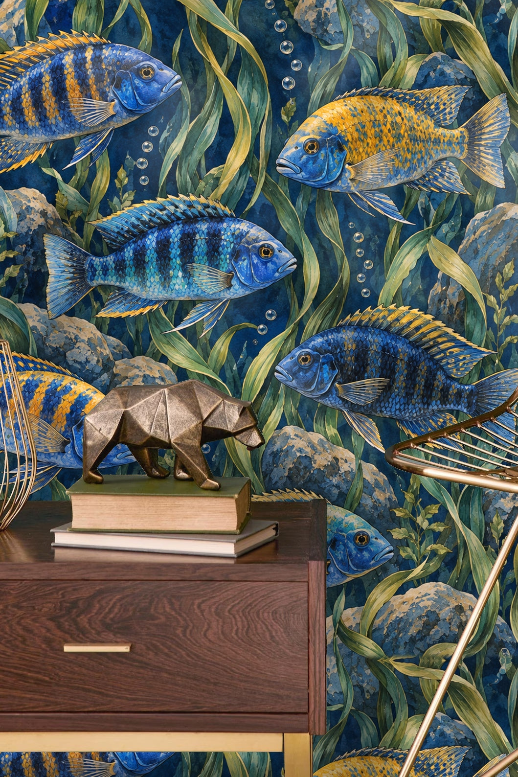 Living room with white couch and natural wood furniture against vibrant cichlid and kelp wallpaper.