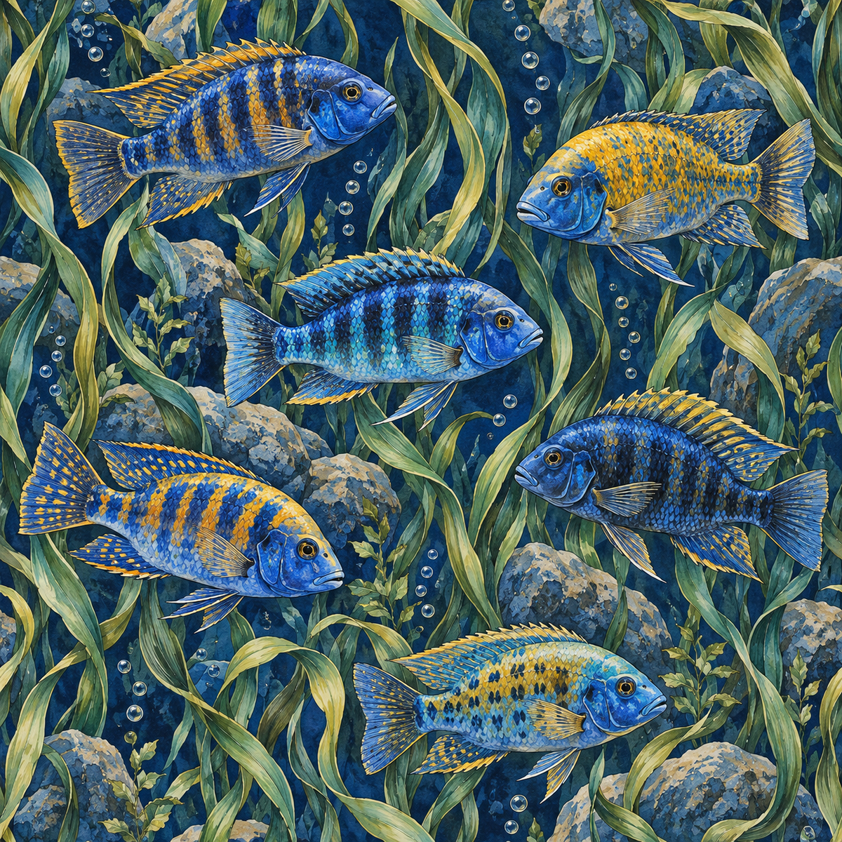 Creative studio setting with rolled wallpaper and design sketches referencing the aquatic theme.