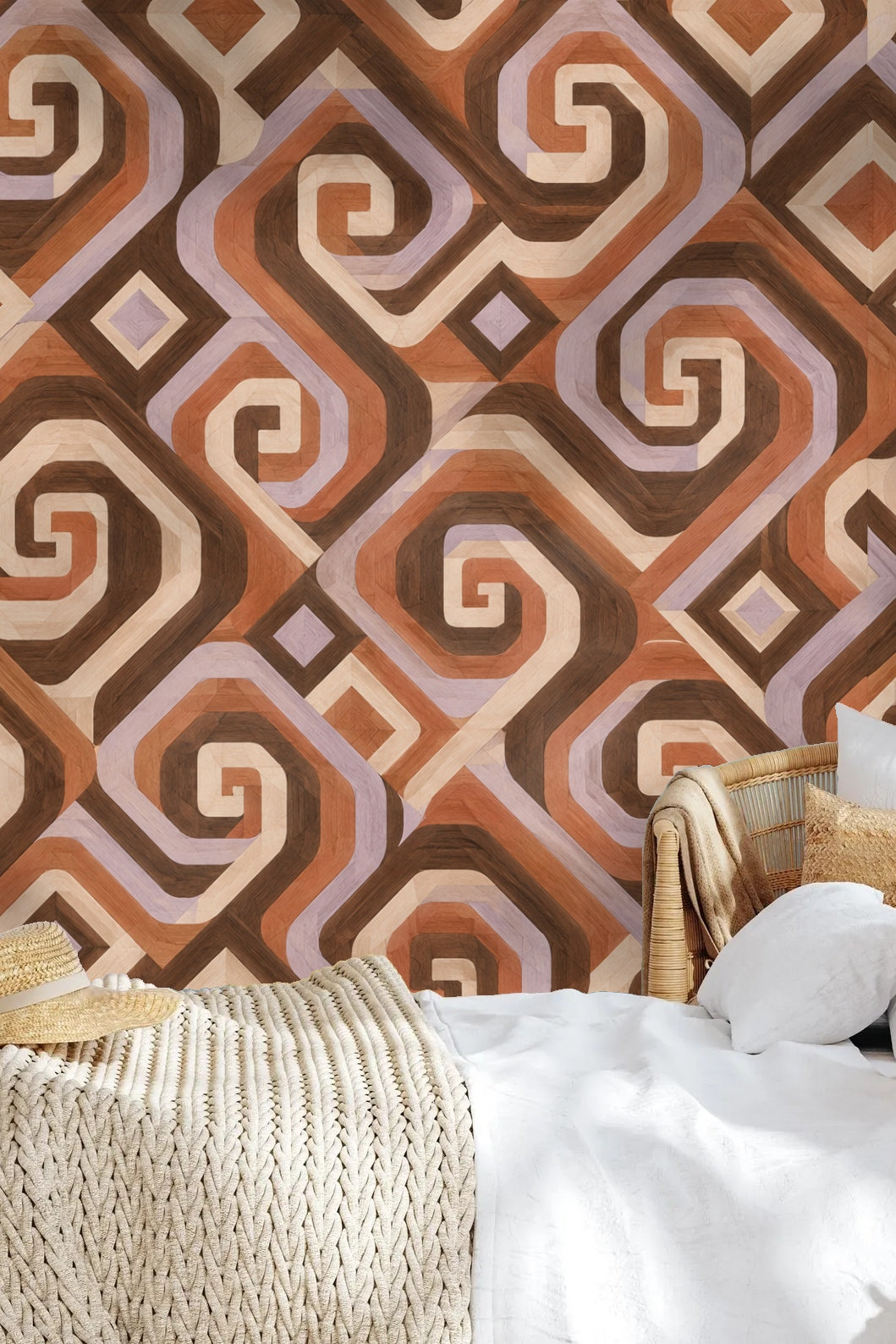 Walnut Spiral Steps wallpaper shown in an interior setting