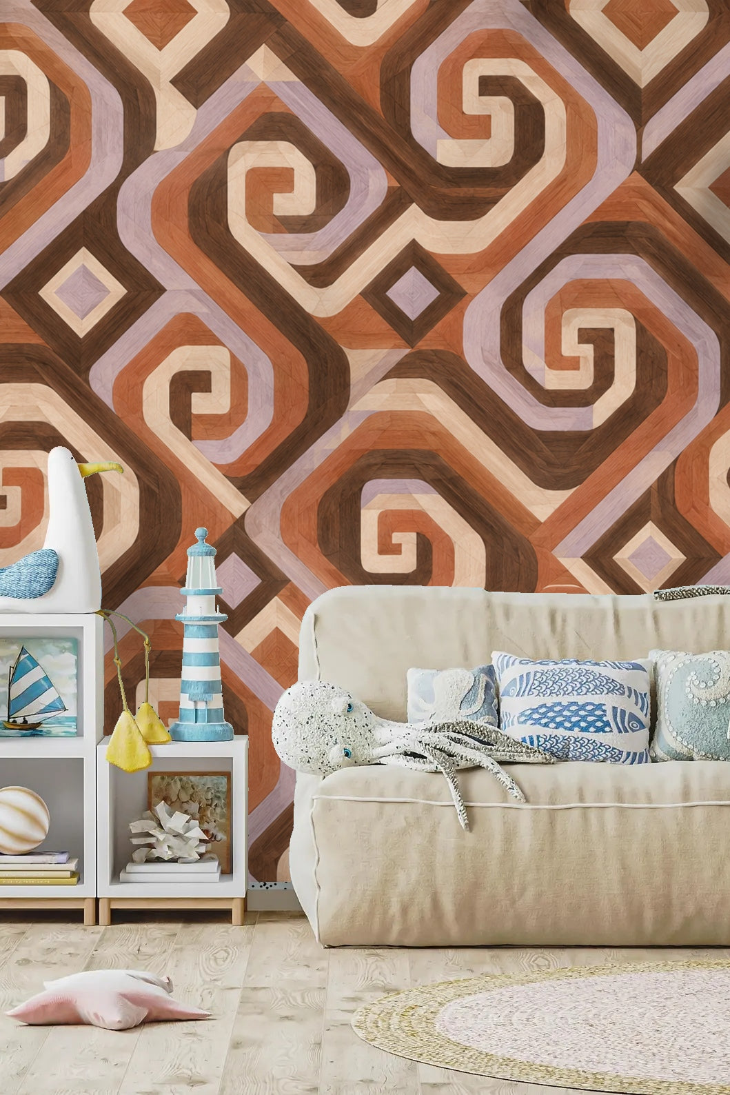 Walnut Spiral Steps wallpaper shown in an interior setting