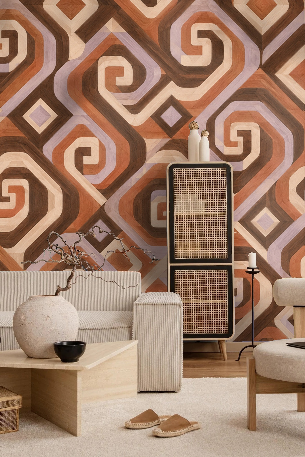 Walnut Spiral Steps wallpaper shown in an interior setting