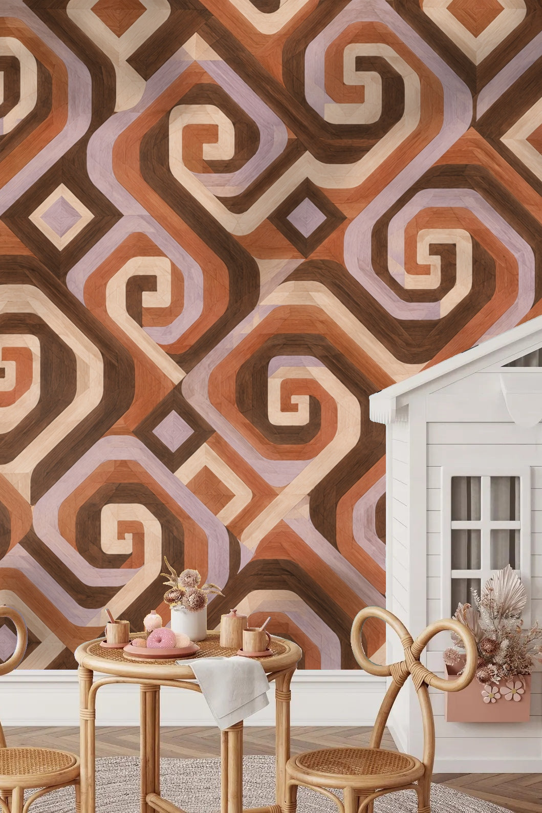 Interior scene with Walnut Spiral Steps wallpaper behind a modern armchair and wooden cabinet with plants