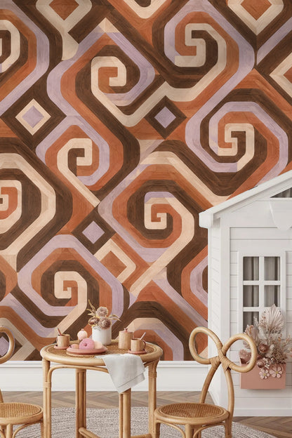 Interior scene with Walnut Spiral Steps wallpaper behind a modern armchair and wooden cabinet with plants