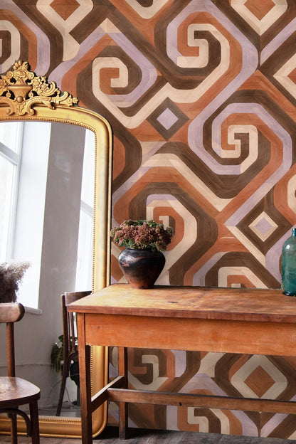 Walnut Spiral Steps wallpaper shown in an interior setting