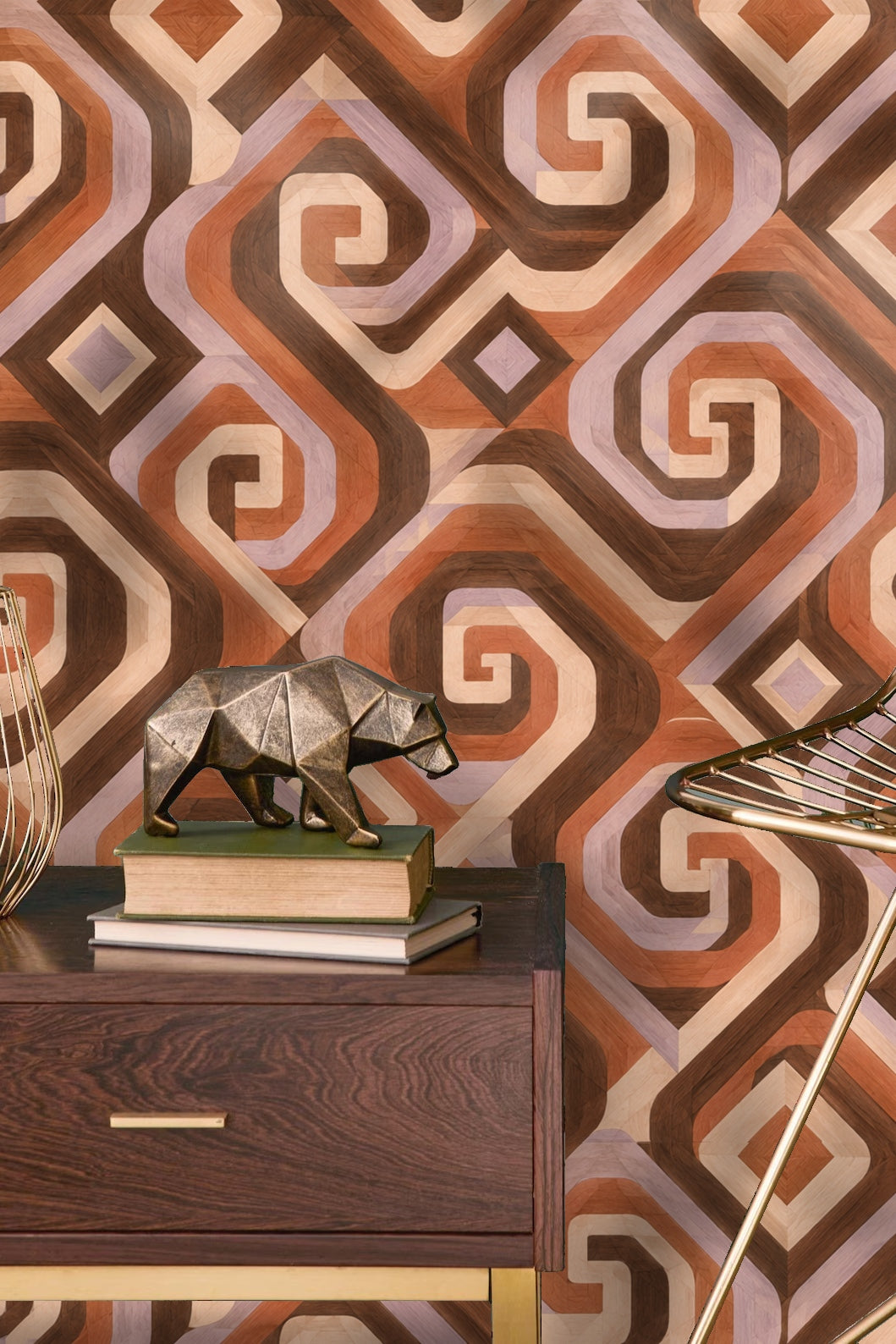 Walnut Spiral Steps wallpaper shown in an interior setting