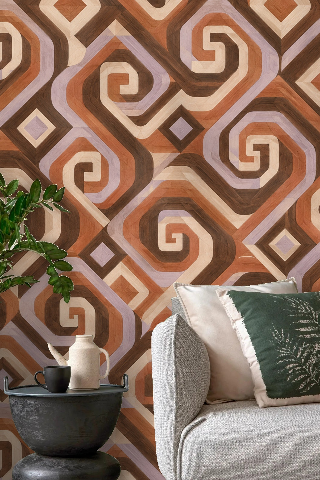 Walnut Spiral Steps wallpaper shown in an interior setting