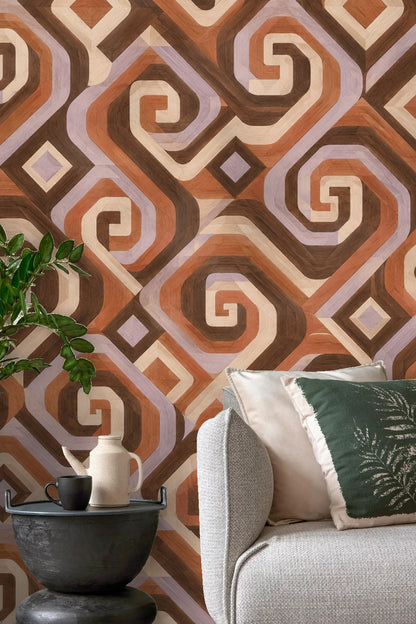 Walnut Spiral Steps wallpaper shown in an interior setting