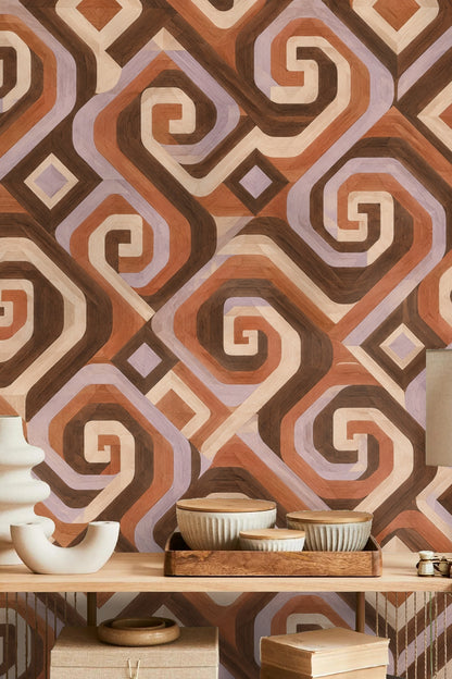 Walnut Spiral Steps wallpaper shown in an interior setting