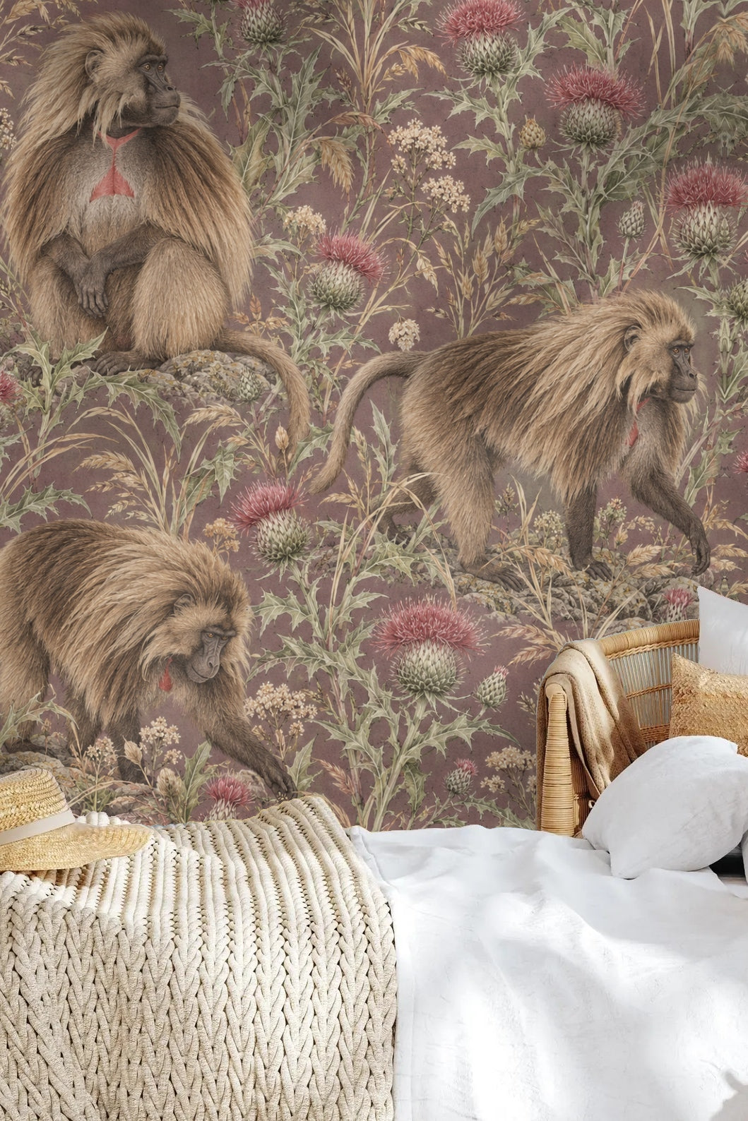 Walking Gelada baboon among dried grasses and flowers.
