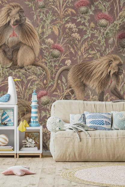 Highland grass and thistle cluster forming a naturalistic repeat in wallpaper.
