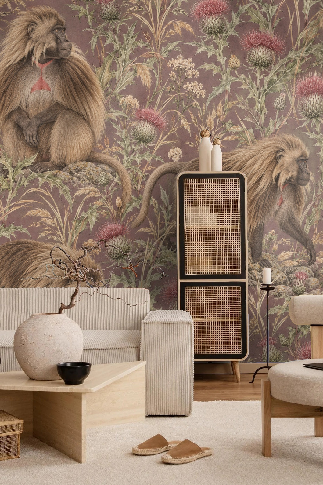 Wallpaper in room setting with wooden console and white vase highlighting color and scale.