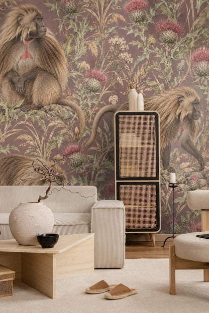 Wallpaper in room setting with wooden console and white vase highlighting color and scale.