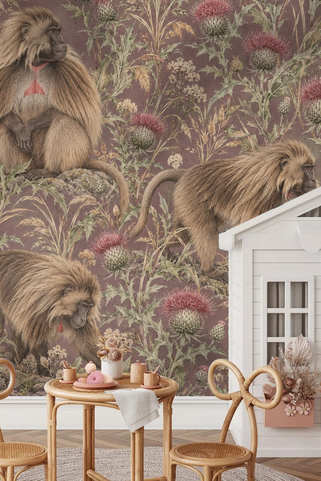Close-up of Gelada Highland Thistle wallpaper showing intricate fur texture and botanical elements.