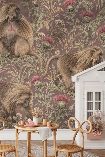 Close-up of Gelada Highland Thistle wallpaper showing intricate fur texture and botanical elements.