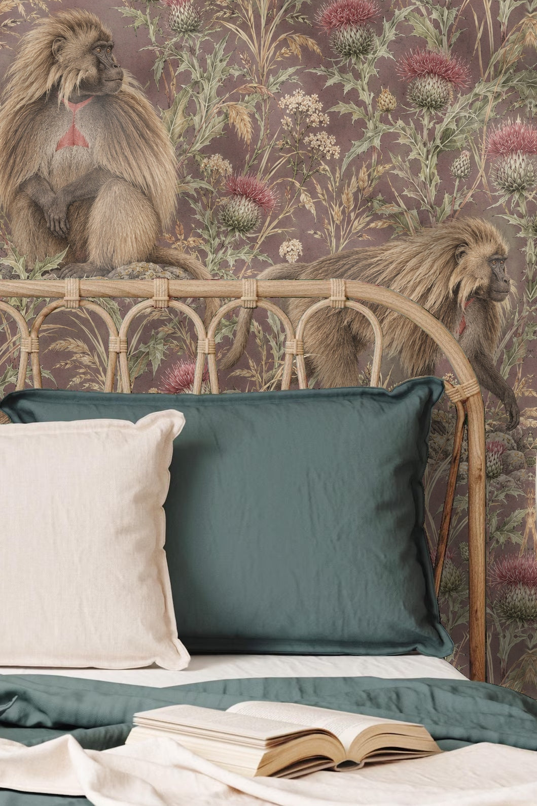 Full wallpaper mural in a child's playroom featuring Baboon and thistle motif in soft mauve tones.