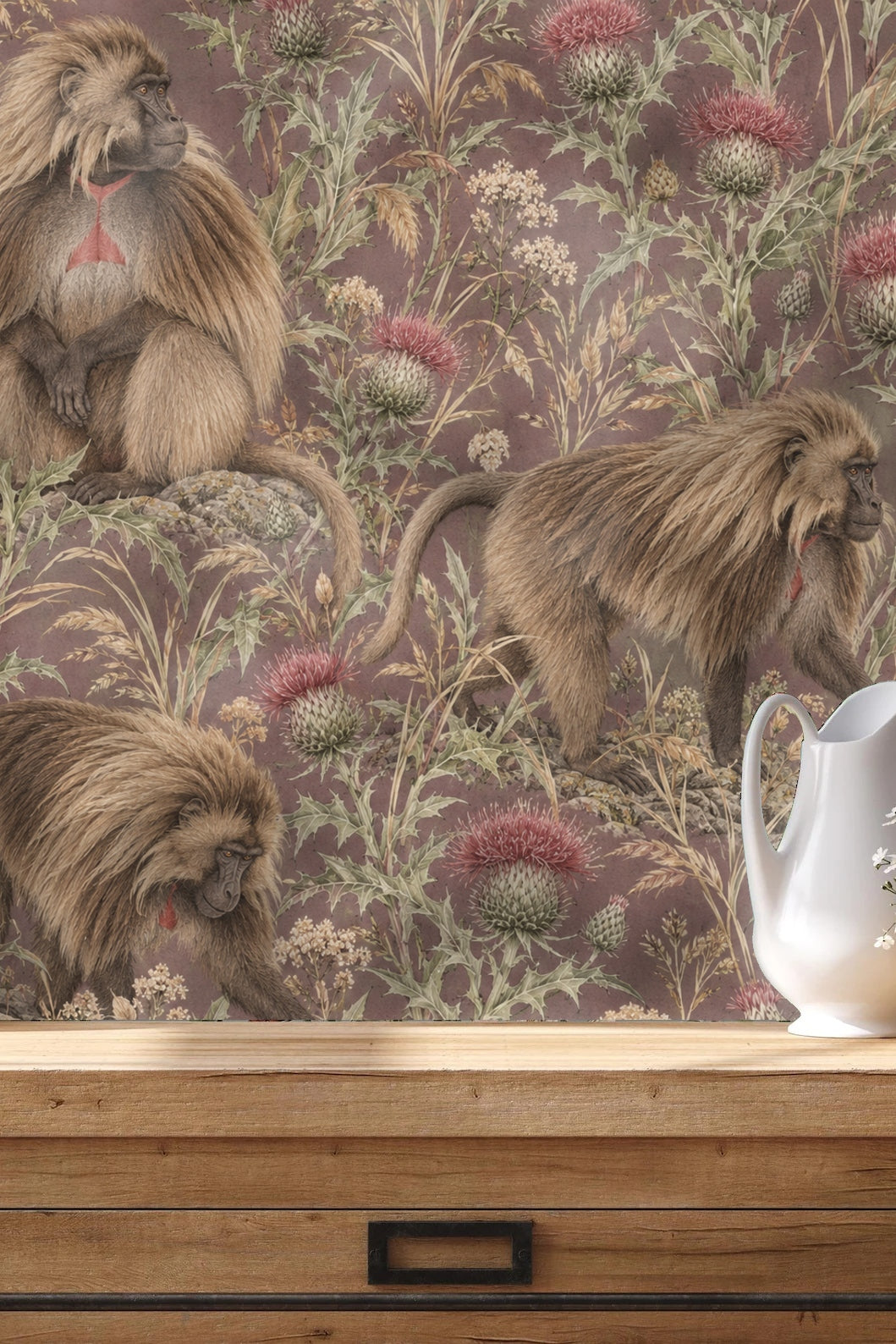 Detail of Gelada baboons in naturalistic style with thistle flowers on mauve background.