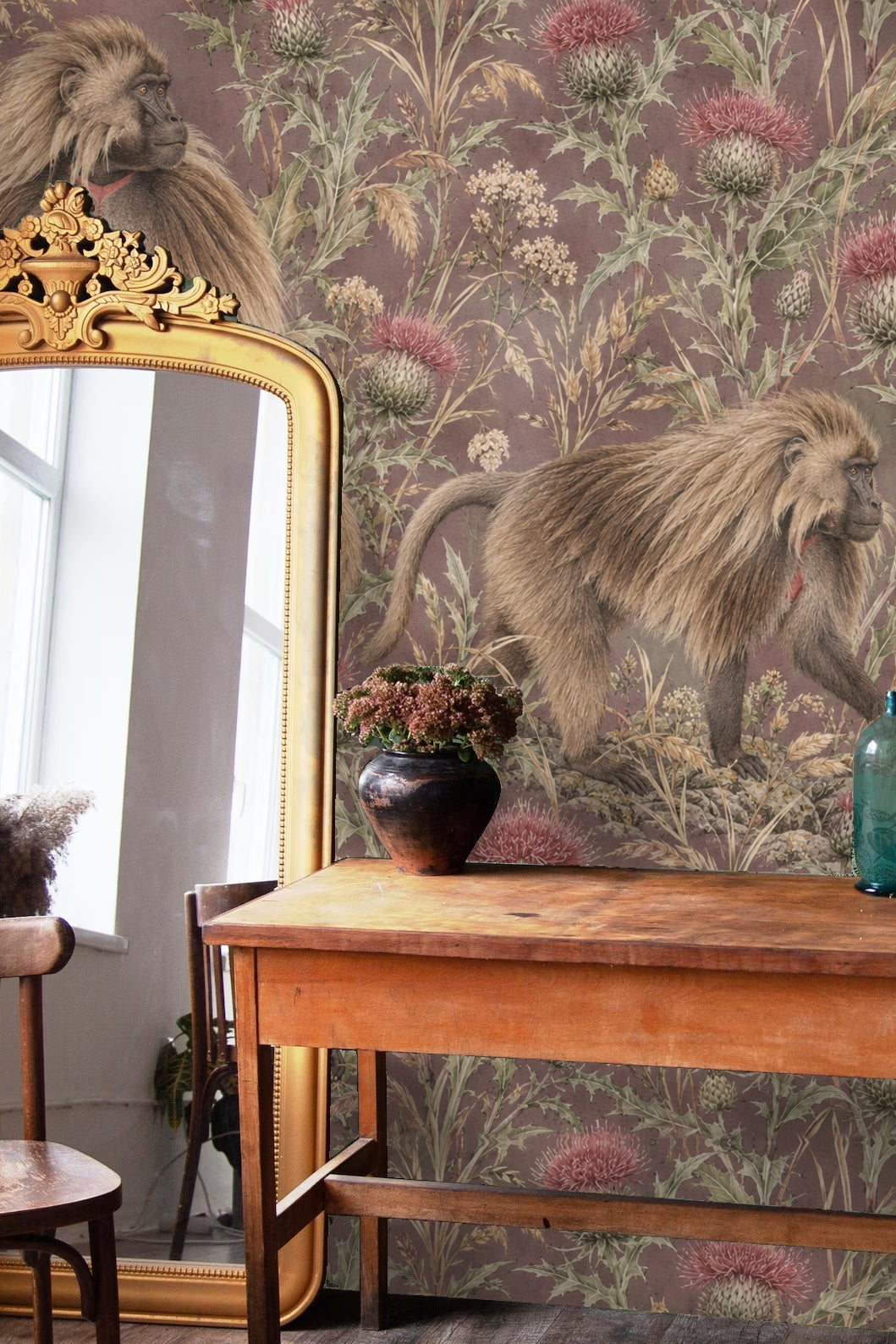 Image showing baboon figures amidst thistle flowers creating a layered pattern.