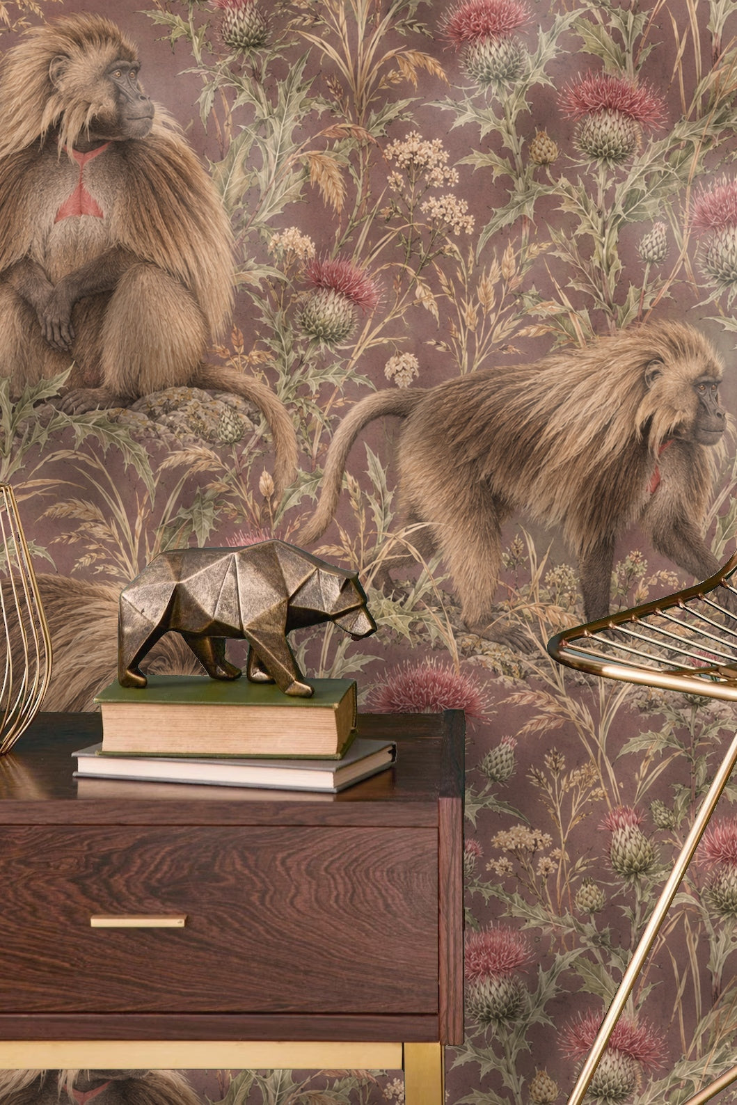 Table and chairs in front of Gelada Highland Thistle wallpaper accent wall.