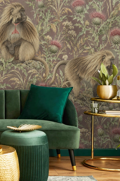 Pattern repeat showing varying Baboon poses and botanical detail.