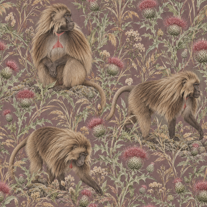 Soft mauve background textured with botanical and animal illustrations.