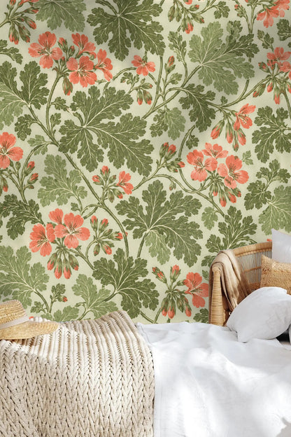 Playroom with pelargonium leaf lace wallpaper mural behind a child's furniture set