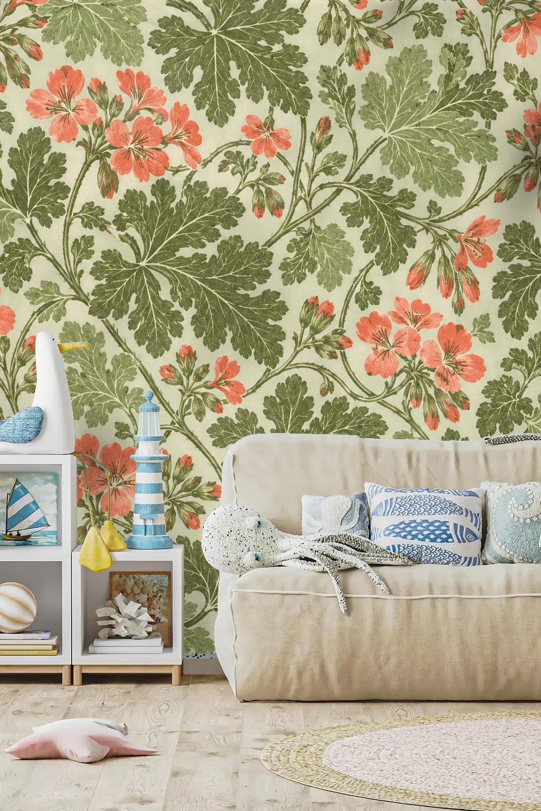 Wide wallpaper mural highlighting repeating clusters of pelargonium flowers and leaves