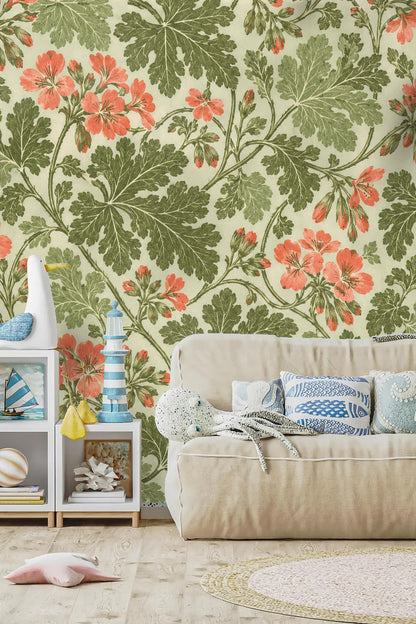 Wide wallpaper mural highlighting repeating clusters of pelargonium flowers and leaves