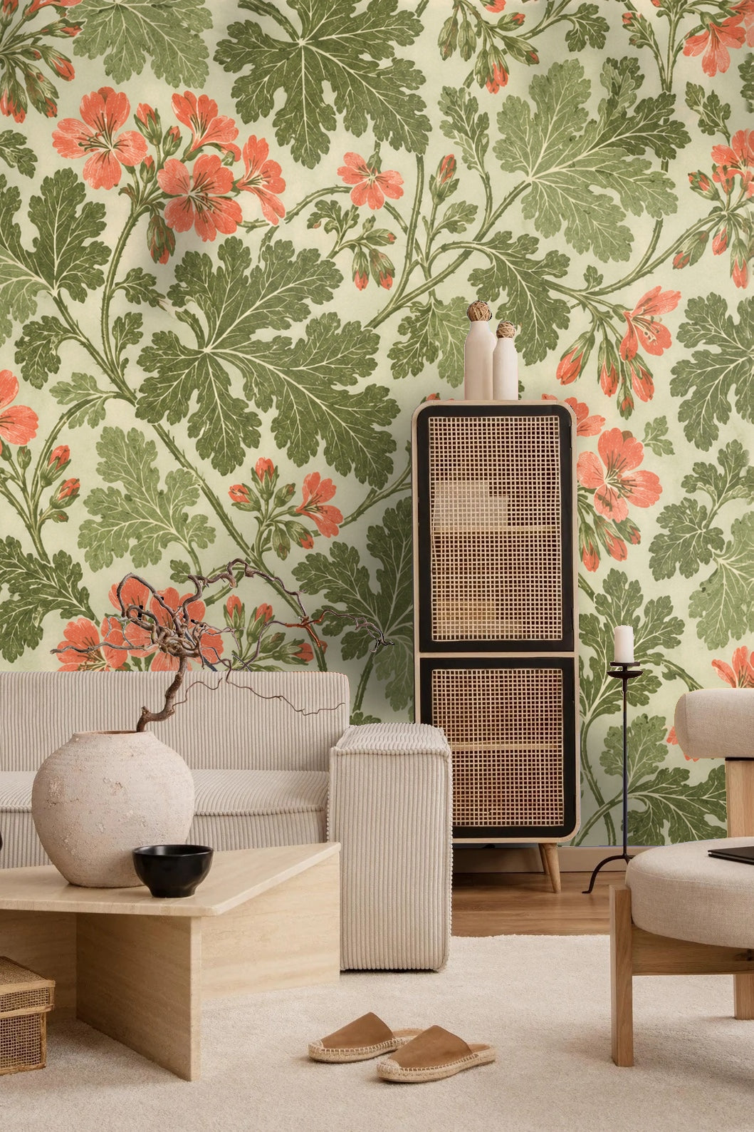 Stylized foliage pattern with alternating leaf textures and bright floral highlights