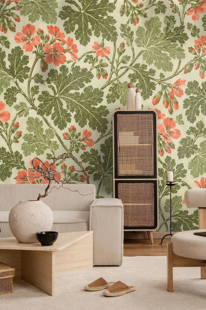 Stylized foliage pattern with alternating leaf textures and bright floral highlights