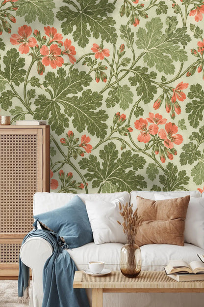 Abstracted botanical wallcovering featuring pelargonium leaf motifs