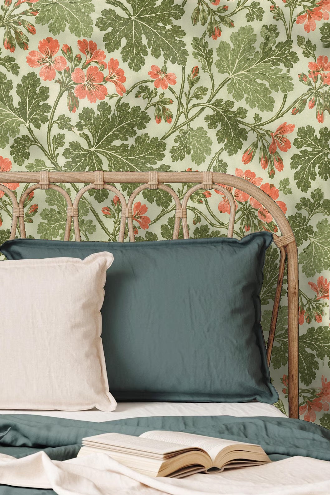 Natural light falling across pelargonium leaf wallpaper pattern in a cozy room