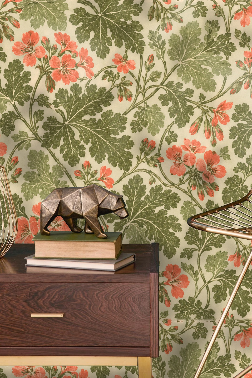 Vintage-inspired botanical wallpaper with stylized leaves and floral clusters