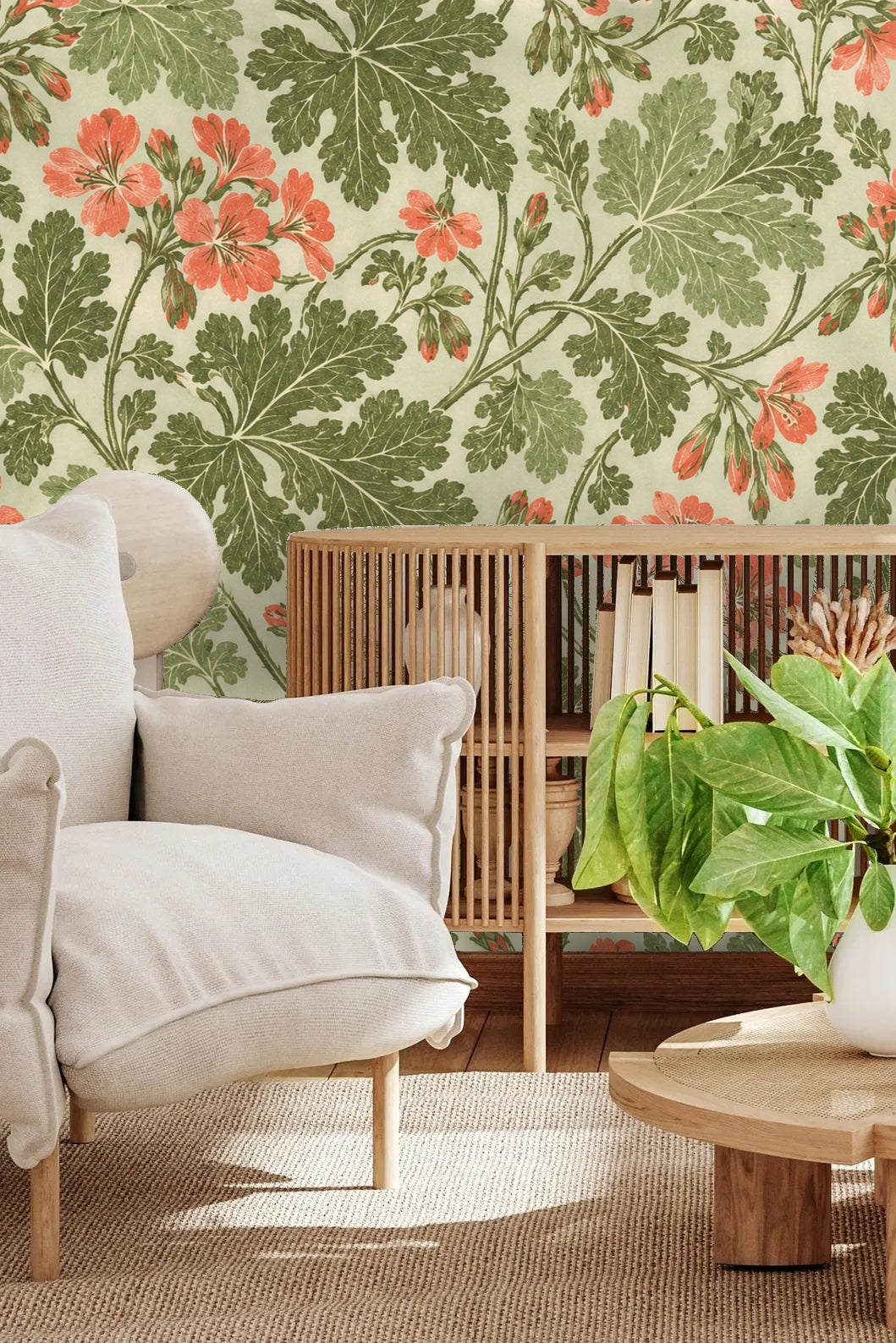 Close-up of pelargonium leaf and coral flower botanical wallpaper pattern
