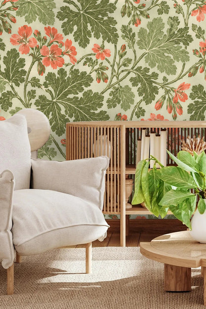 Close-up of pelargonium leaf and coral flower botanical wallpaper pattern