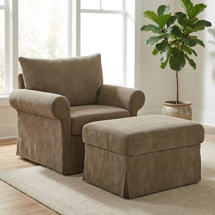 Chenille Accent Chair with Ottoman, Plush Cozy Lounge Set For Small Spaces by LauKingdom