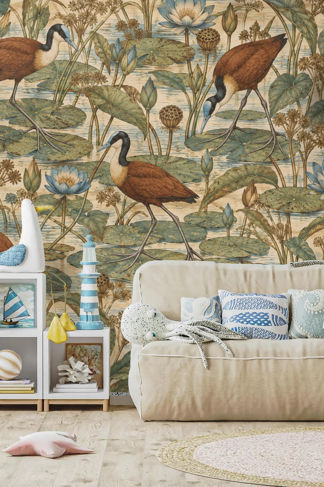 Walls featuring Jacana Lily Step wallpaper around rattan furniture and small table