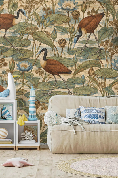 Walls featuring Jacana Lily Step wallpaper around rattan furniture and small table