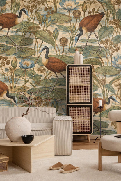 Elegant vintage-style botanical wallpaper with birds and aquatic plants