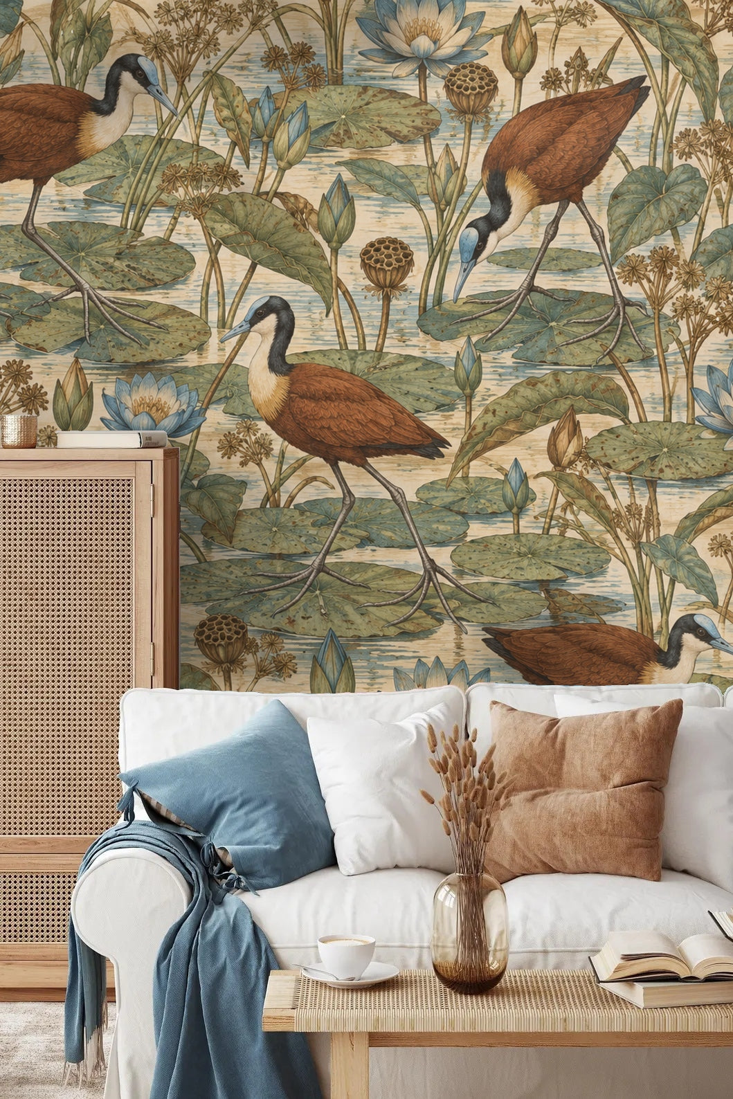 Water reflections integrated into detailed botanical wallpaper art