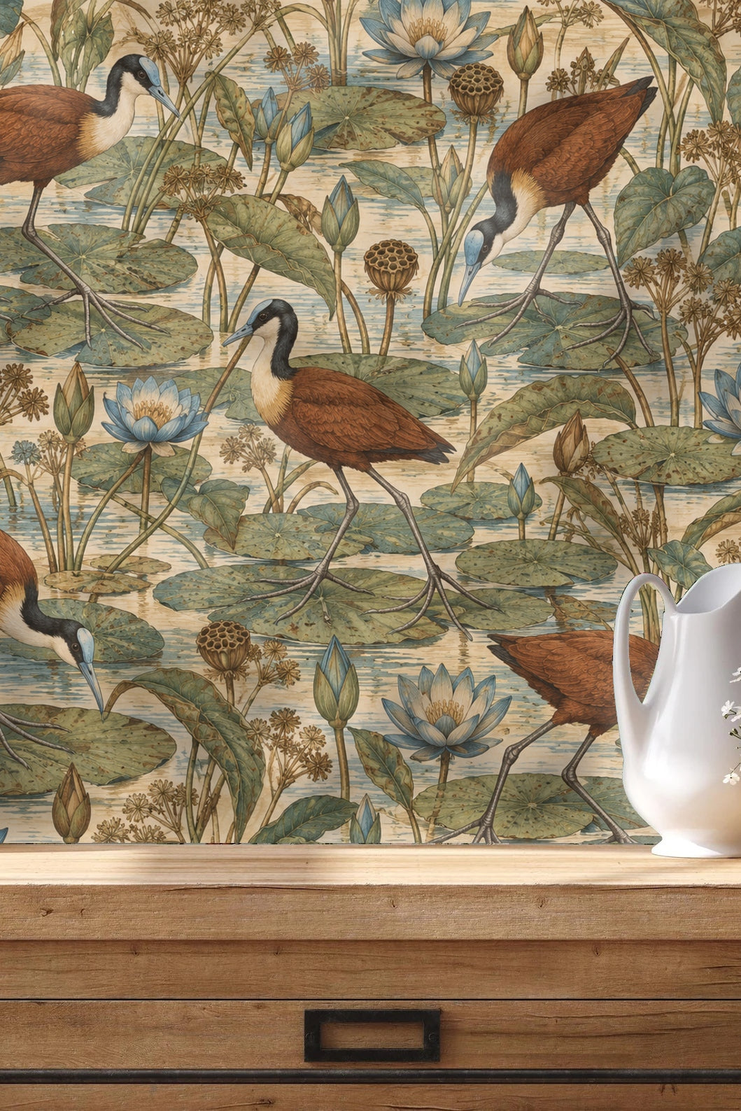 Water lily blossoms and jacana birds in a natural pond setting