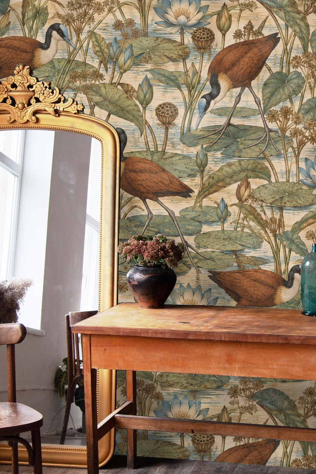Light and shadow play on Jacana Lily Step wallpaper in a botanical reading nook