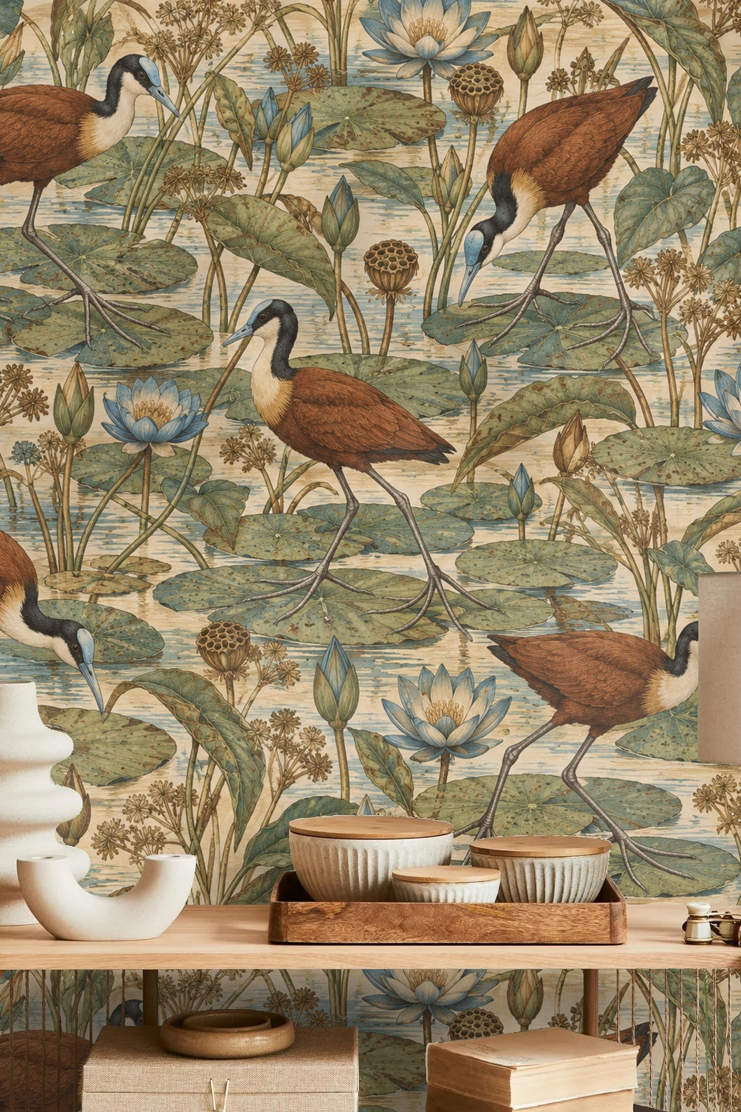 Jacana birds walking across lily-strewn water with muted blue and green tones