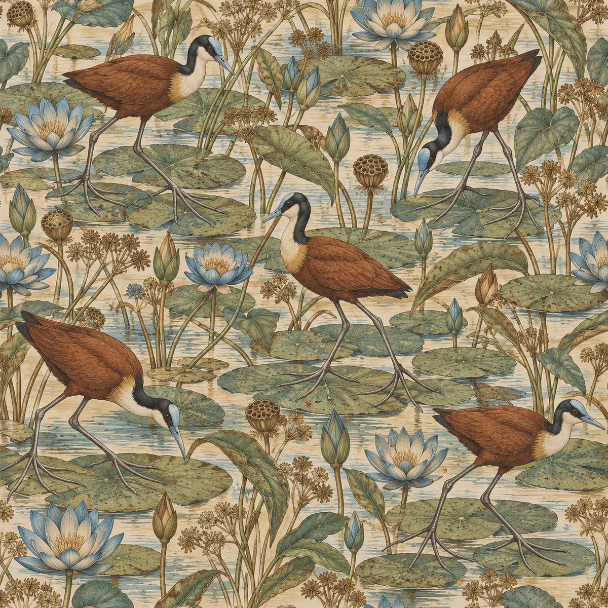 Jacana lily pads and birds creating a serene vintage aquatic mural