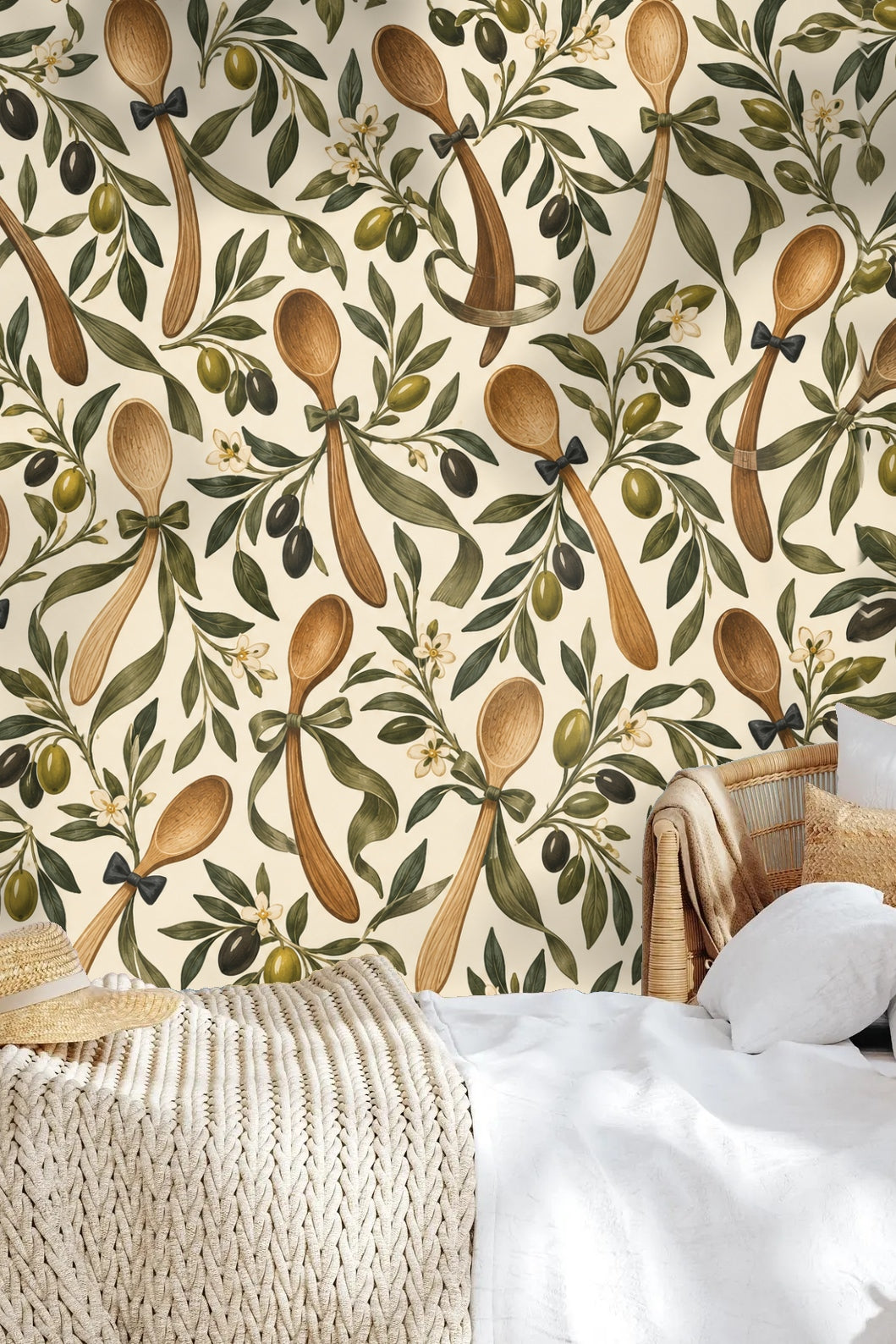 Botanical reading corner with Olive Spoon Waltz wallpaper, plush armchair, and wooden console with plants and accessories.